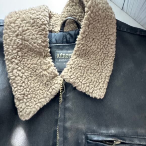 Aeropostale Mens Brown Faux Leather Sherpa Collar Bomber Jacket XL Top Gun - Picture 10 of 10